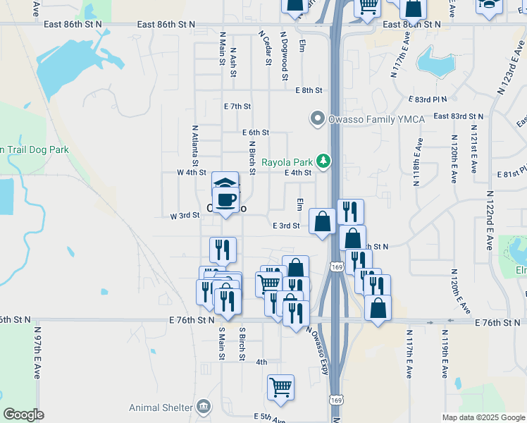 map of restaurants, bars, coffee shops, grocery stores, and more near 307 North Birch Street in Owasso