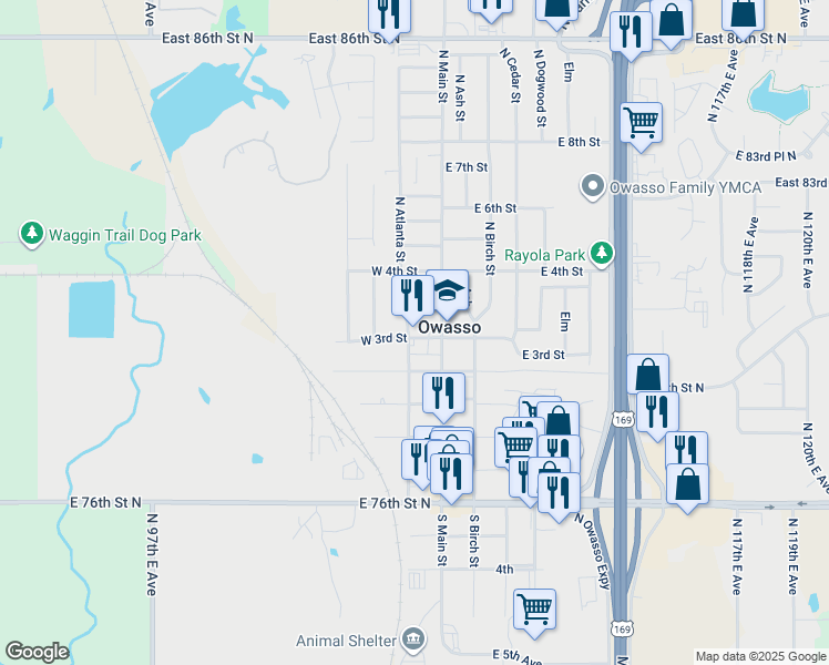 map of restaurants, bars, coffee shops, grocery stores, and more near 305 North Atlanta Street in Owasso