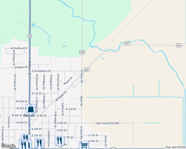 map of restaurants, bars, coffee shops, grocery stores, and more near 329 North Sikes Road in Rector