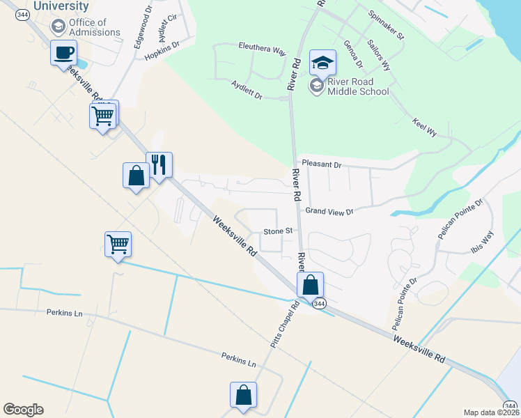 map of restaurants, bars, coffee shops, grocery stores, and more near 1500 River Road in Elizabeth City