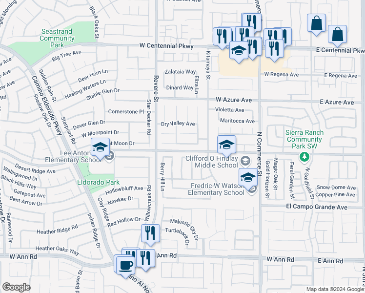 map of restaurants, bars, coffee shops, grocery stores, and more near 629 Azure Banks Avenue in North Las Vegas