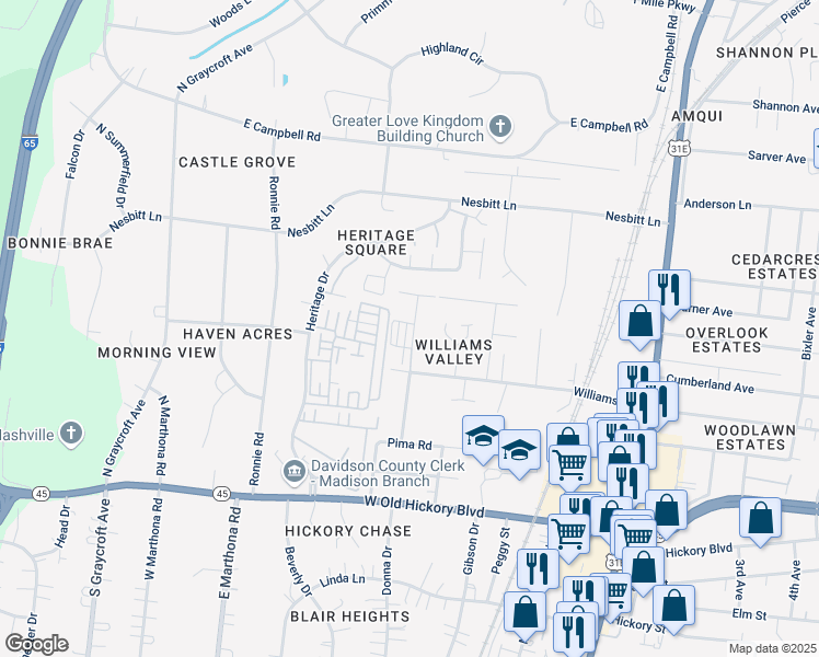 map of restaurants, bars, coffee shops, grocery stores, and more near 198 Heritage Trace Drive in Nashville