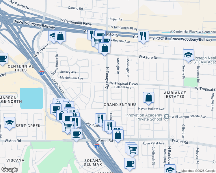 map of restaurants, bars, coffee shops, grocery stores, and more near 7190 West Tropical Parkway in Las Vegas