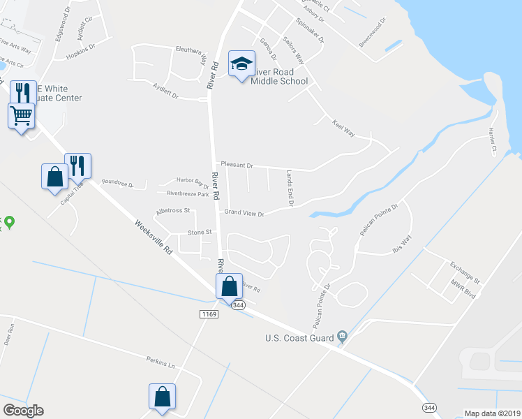 map of restaurants, bars, coffee shops, grocery stores, and more near 112 Grand View Drive in Elizabeth City