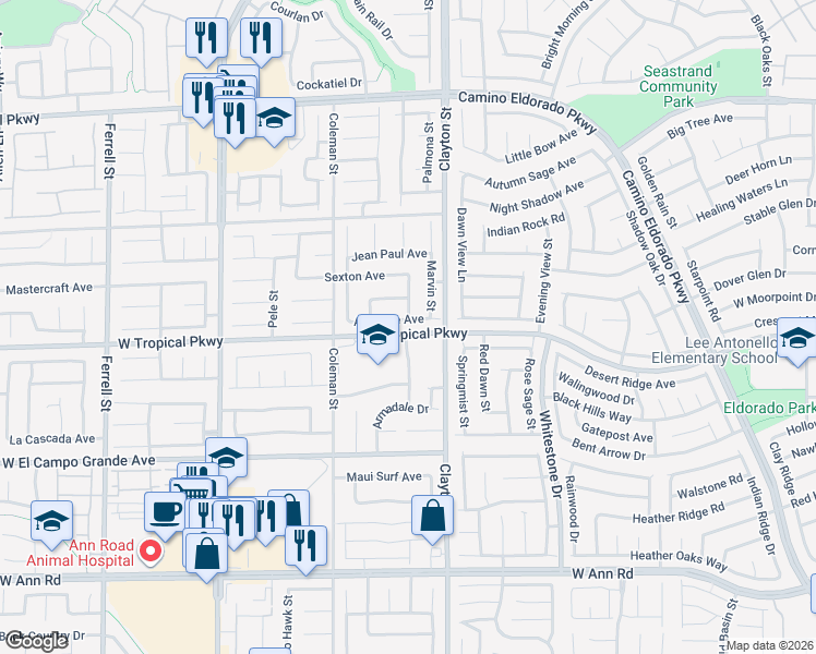 map of restaurants, bars, coffee shops, grocery stores, and more near 2111 Akamine Avenue in North Las Vegas