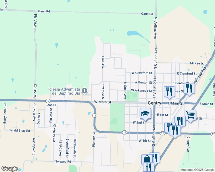 map of restaurants, bars, coffee shops, grocery stores, and more near 212 Pine Avenue in Gentry