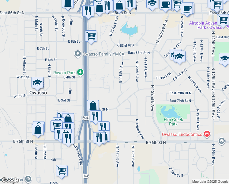 map of restaurants, bars, coffee shops, grocery stores, and more near 8007 North 117th East Avenue in Owasso