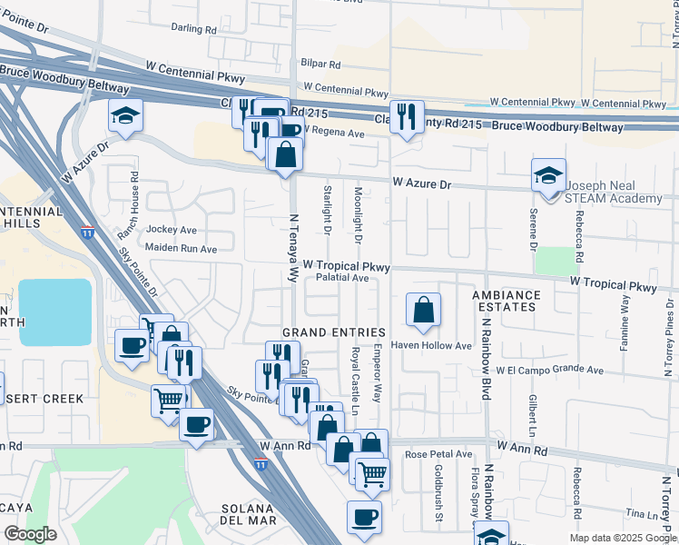 map of restaurants, bars, coffee shops, grocery stores, and more near 7200 Palatial Avenue in Las Vegas