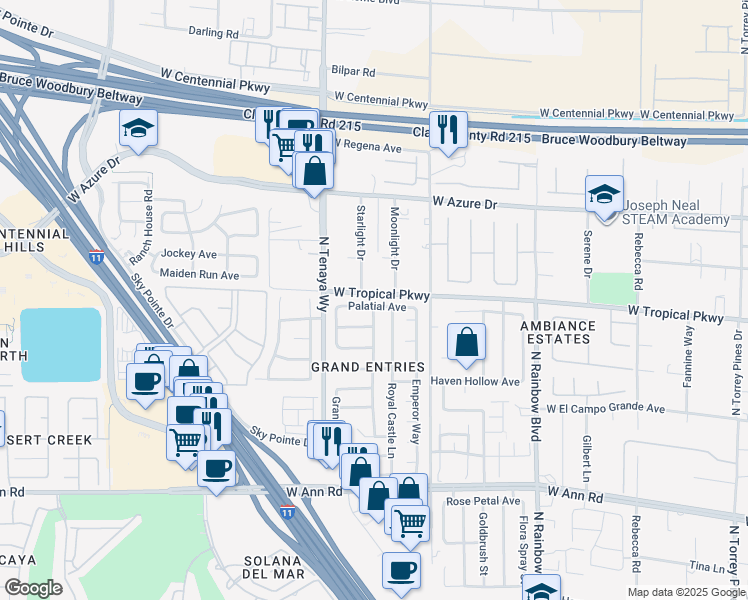map of restaurants, bars, coffee shops, grocery stores, and more near 7200 Palatial Avenue in Las Vegas