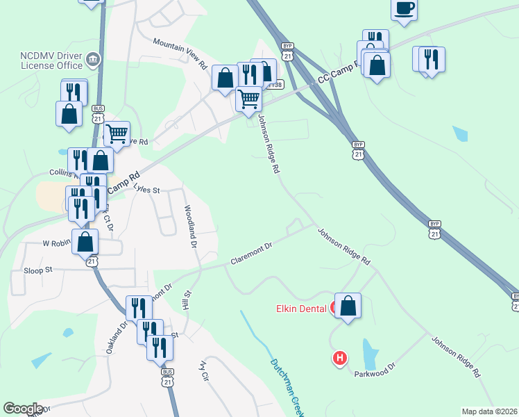 map of restaurants, bars, coffee shops, grocery stores, and more near 905 Johnson Ridge Road in Elkin