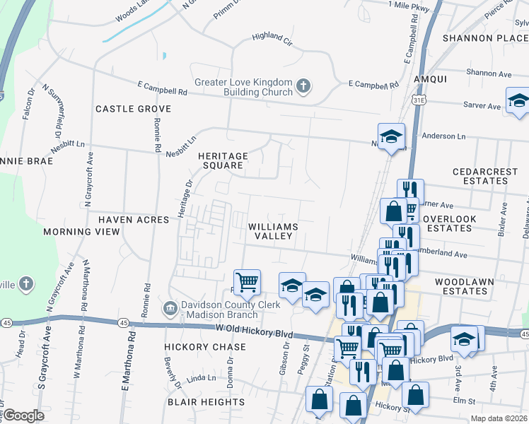 map of restaurants, bars, coffee shops, grocery stores, and more near 2053 Williams Valley Drive in Nashville