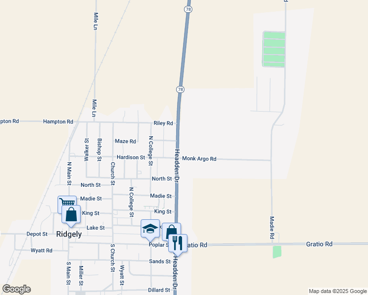 map of restaurants, bars, coffee shops, grocery stores, and more near 560 Headden Drive in Ridgely