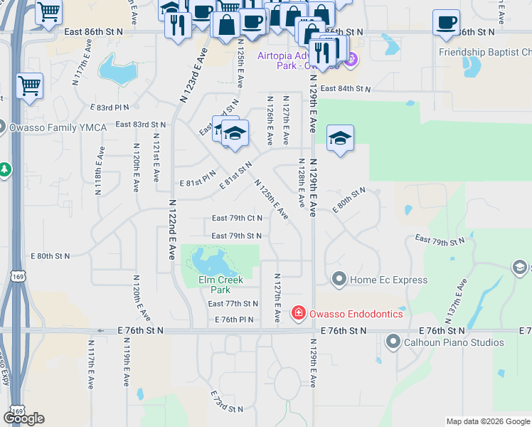 map of restaurants, bars, coffee shops, grocery stores, and more near 7903 North 125th Circle in Owasso