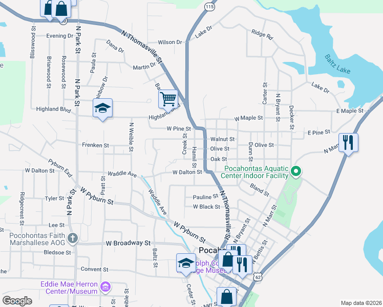 map of restaurants, bars, coffee shops, grocery stores, and more near 813 Olive Street in Pocahontas