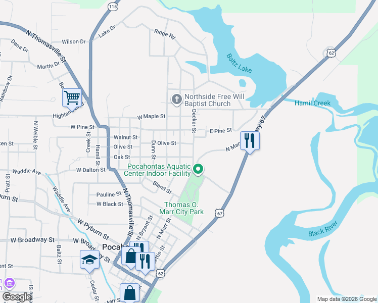 map of restaurants, bars, coffee shops, grocery stores, and more near 1303 Decker Street in Pocahontas