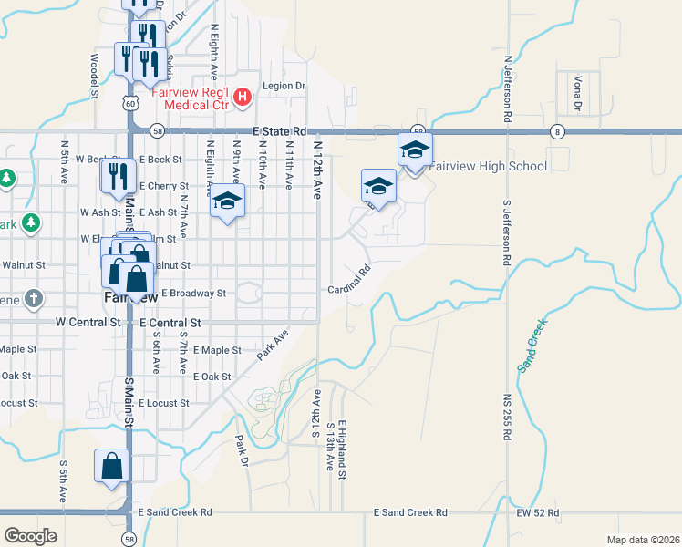 map of restaurants, bars, coffee shops, grocery stores, and more near 124 North 12th Avenue in Fairview