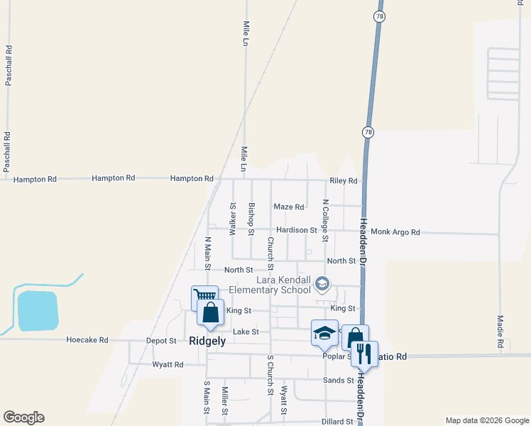 map of restaurants, bars, coffee shops, grocery stores, and more near 533 Church Street in Ridgely