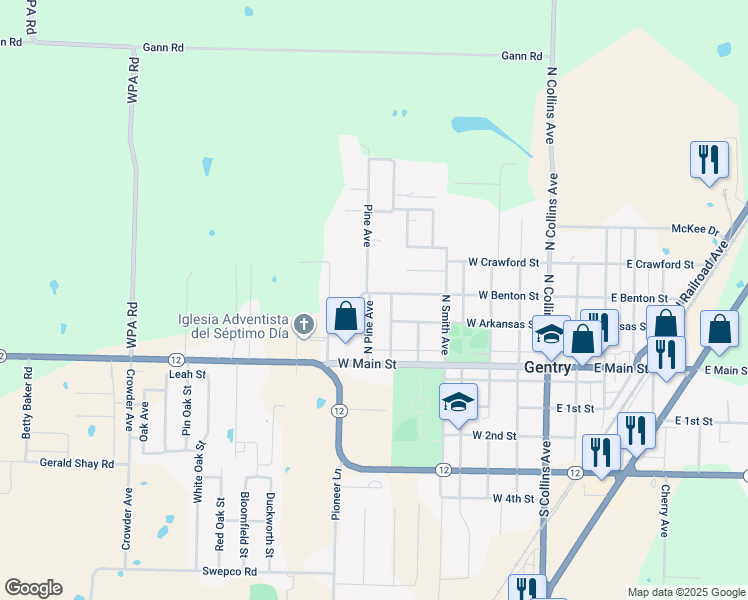 map of restaurants, bars, coffee shops, grocery stores, and more near 212 Pine Avenue in Gentry