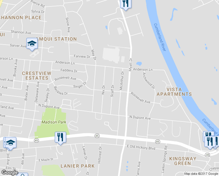 map of restaurants, bars, coffee shops, grocery stores, and more near 297 Scalf Drive in Nashville