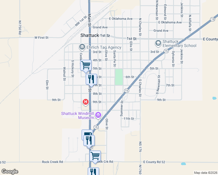 map of restaurants, bars, coffee shops, grocery stores, and more near 702 Olive Street in Shattuck