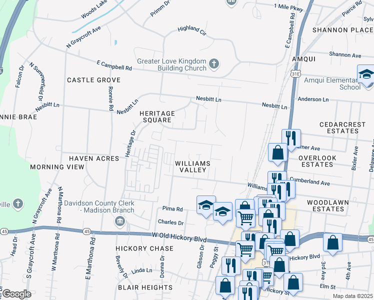 map of restaurants, bars, coffee shops, grocery stores, and more near 2053 Williams Valley Drive in Nashville