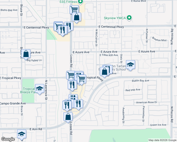 map of restaurants, bars, coffee shops, grocery stores, and more near 2500 East Tropical Parkway in North Las Vegas