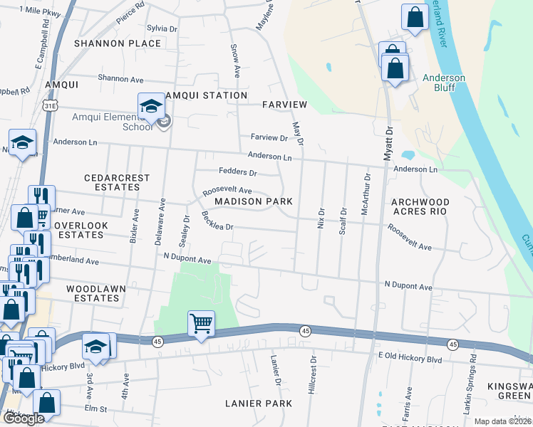 map of restaurants, bars, coffee shops, grocery stores, and more near 564 Singer Drive in Nashville