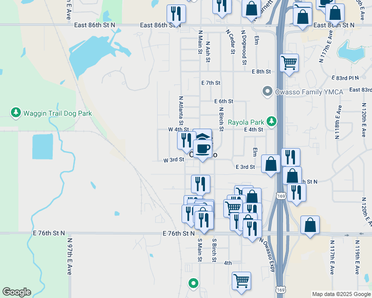 map of restaurants, bars, coffee shops, grocery stores, and more near 305 North Atlanta Street in Owasso