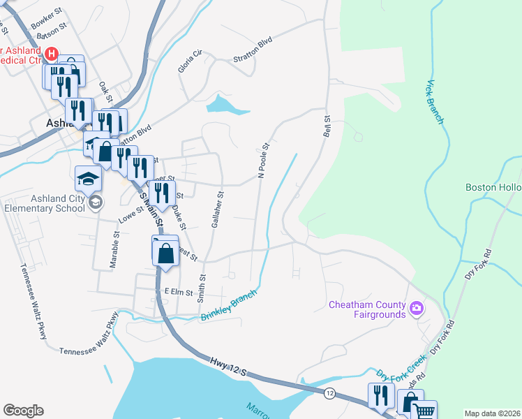 map of restaurants, bars, coffee shops, grocery stores, and more near 111 1/2 North Poole Street in Ashland City