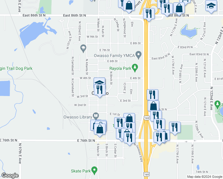 map of restaurants, bars, coffee shops, grocery stores, and more near 307 North Birch Street in Owasso