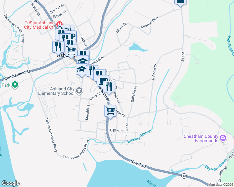 map of restaurants, bars, coffee shops, grocery stores, and more near 108 Duke Street in Ashland City