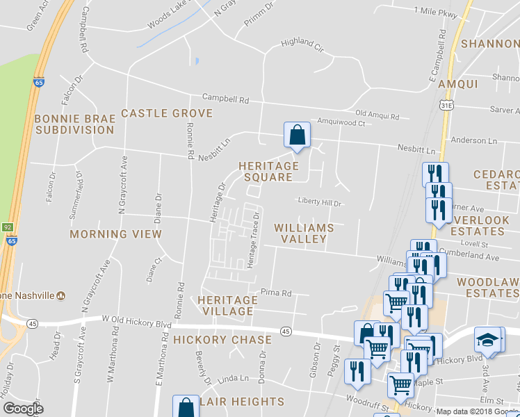 map of restaurants, bars, coffee shops, grocery stores, and more near 198 Heritage Trace Dr in Nashville