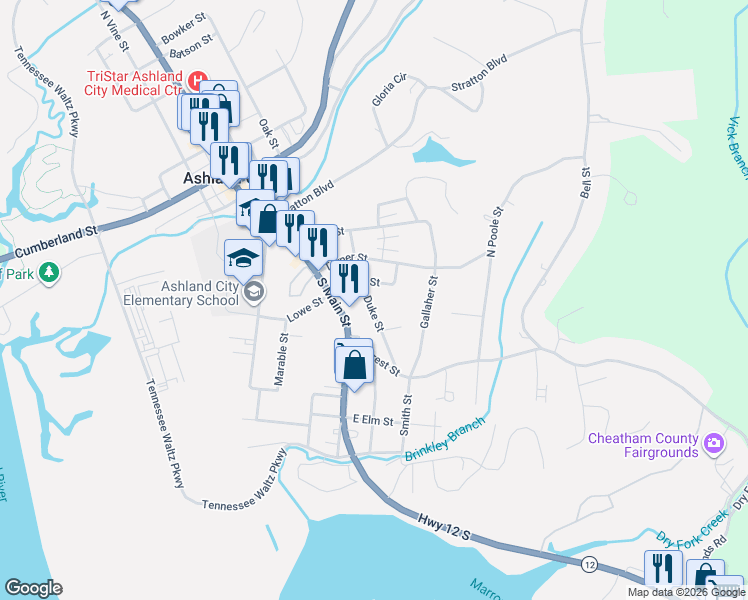 map of restaurants, bars, coffee shops, grocery stores, and more near 108 Duke Street in Ashland City