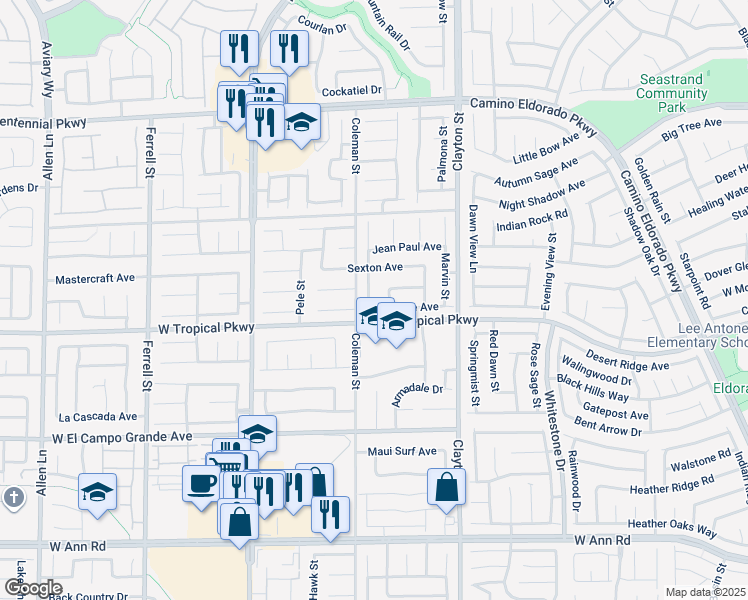 map of restaurants, bars, coffee shops, grocery stores, and more near 6020 Theatrical Road in North Las Vegas