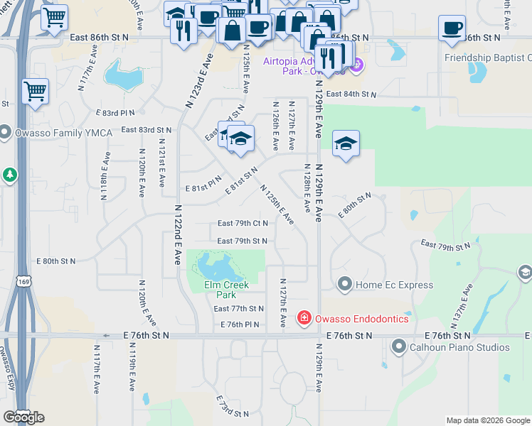 map of restaurants, bars, coffee shops, grocery stores, and more near 7903 North 125th Circle in Owasso