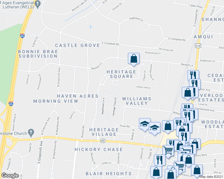 map of restaurants, bars, coffee shops, grocery stores, and more near 510 Colony Trace Court in Nashville