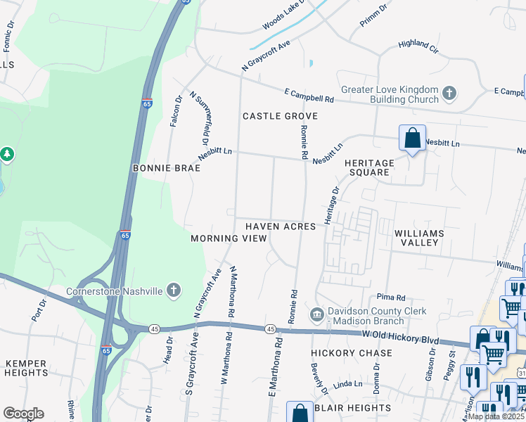 map of restaurants, bars, coffee shops, grocery stores, and more near 210 Diane Drive in Nashville