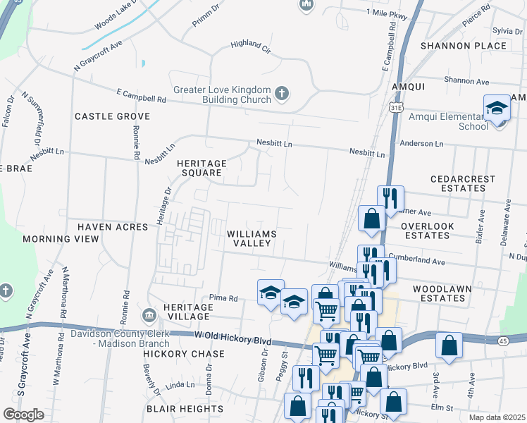 map of restaurants, bars, coffee shops, grocery stores, and more near 1633 Liberty Hill Dr in Nashville