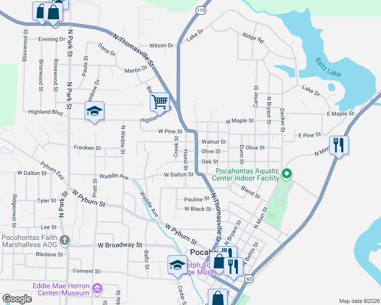 map of restaurants, bars, coffee shops, grocery stores, and more near 813 Olive Street in Pocahontas