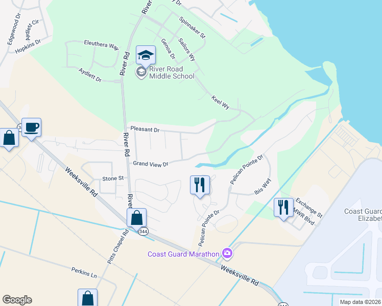 map of restaurants, bars, coffee shops, grocery stores, and more near 204 Grand View Drive in Elizabeth City