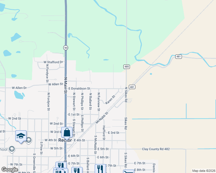 map of restaurants, bars, coffee shops, grocery stores, and more near 606 East Donaldson Street in Rector
