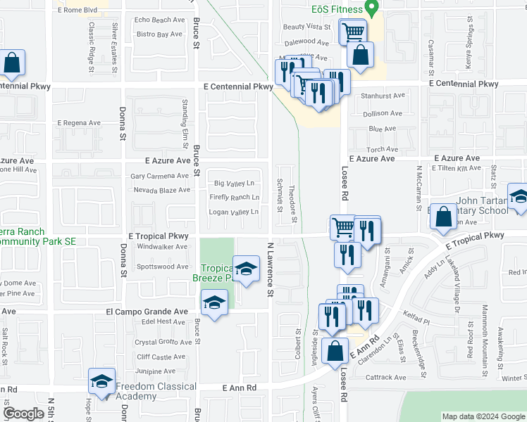 map of restaurants, bars, coffee shops, grocery stores, and more near 6028 Stanton Summit Drive in North Las Vegas