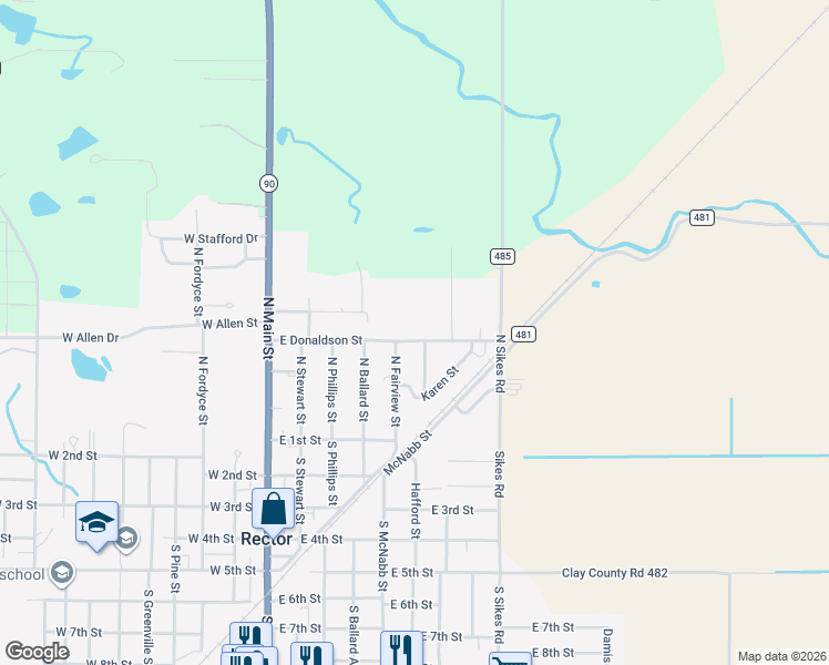 map of restaurants, bars, coffee shops, grocery stores, and more near 606 East Donaldson Street in Rector