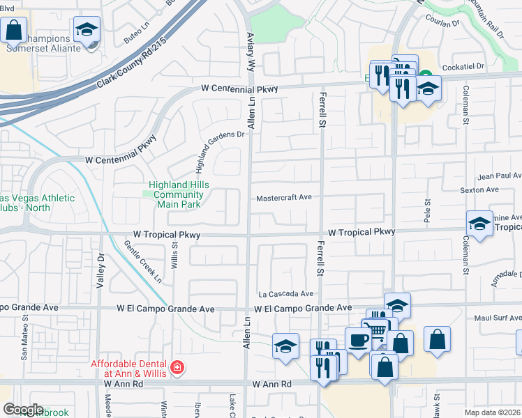 map of restaurants, bars, coffee shops, grocery stores, and more near 3612 Sandy Brown Avenue in North Las Vegas