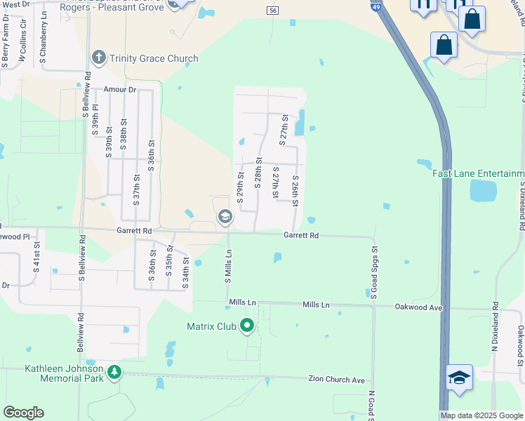 map of restaurants, bars, coffee shops, grocery stores, and more near 6221 South 28th Street in Rogers