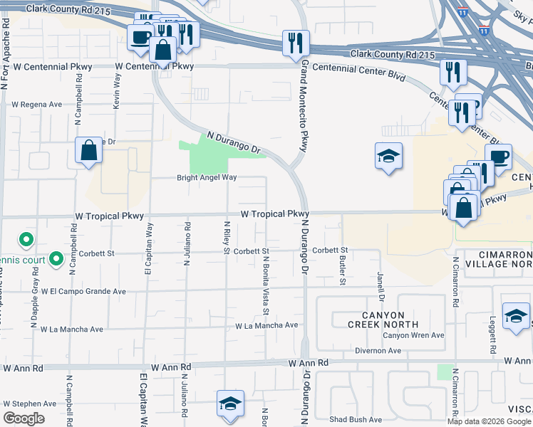 map of restaurants, bars, coffee shops, grocery stores, and more near West Tropical Parkway in Las Vegas