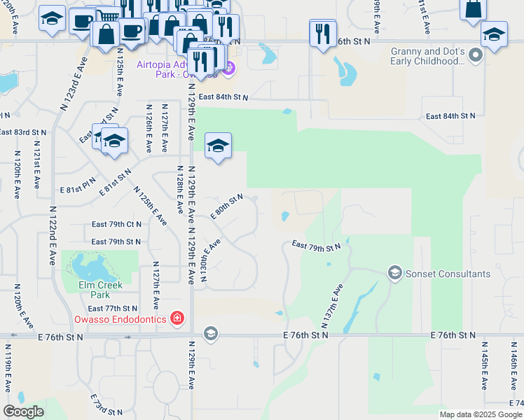 map of restaurants, bars, coffee shops, grocery stores, and more near 7901 N 132nd E Ave in Owasso