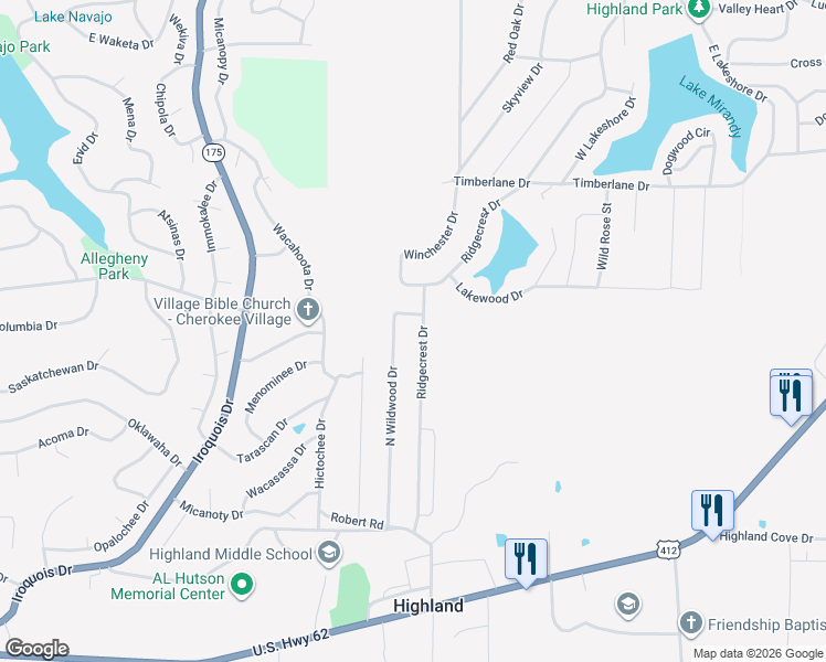 map of restaurants, bars, coffee shops, grocery stores, and more near 165 Ridgecrest Drive in Highland