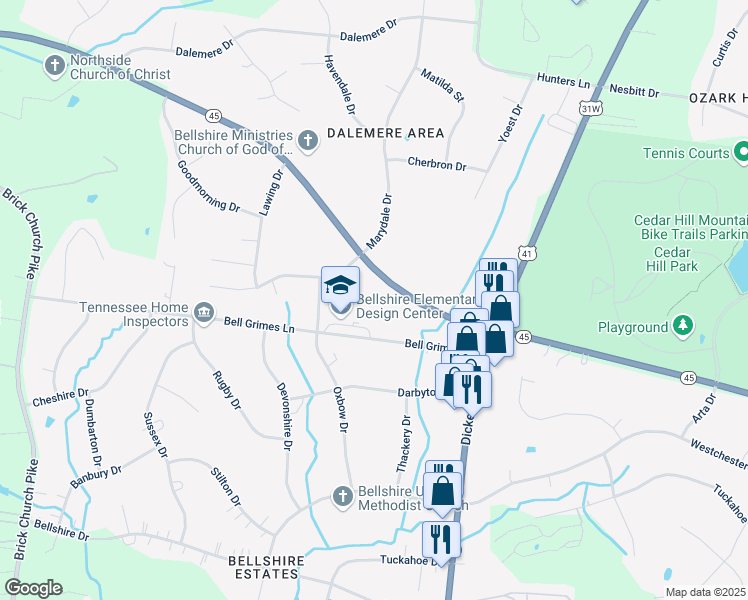map of restaurants, bars, coffee shops, grocery stores, and more near 1128 Bell Grimes Lane in Nashville