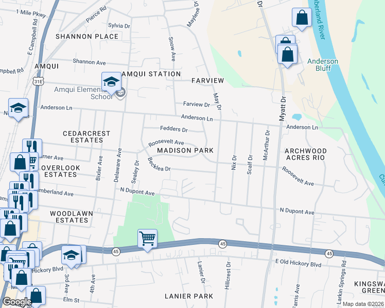 map of restaurants, bars, coffee shops, grocery stores, and more near 564 Singer Drive in Nashville